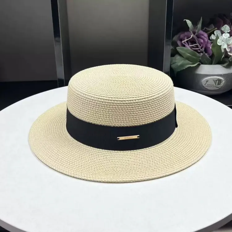 网红草帽子女春夏法式平顶礼帽英伦遮阳防晒海边平沿宽檐男女同款