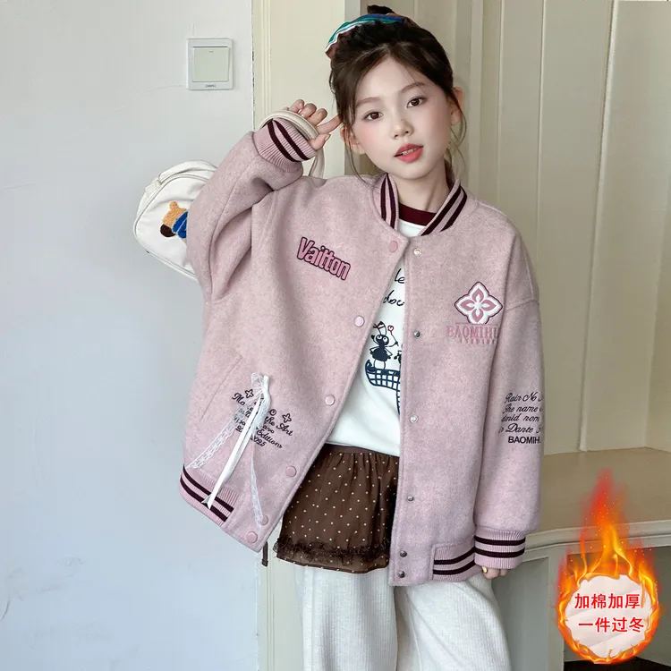 女童刺绣棒球服外套秋冬季夹棉加厚2025新款甜美风中大童女孩棉衣