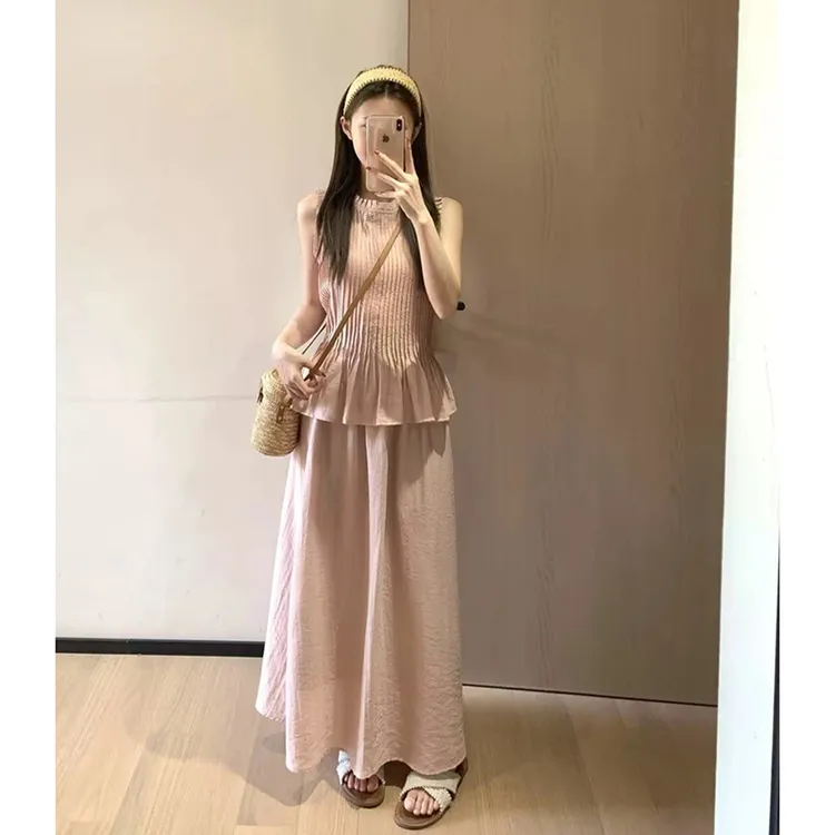 韩系少女感百褶花边设计感无袖上衣休闲千金高腰半身裙套装