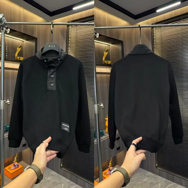 轻奢男士秋冬立领拼接长袖卫衣潮流修身百搭套头纯色单排扣卫衣