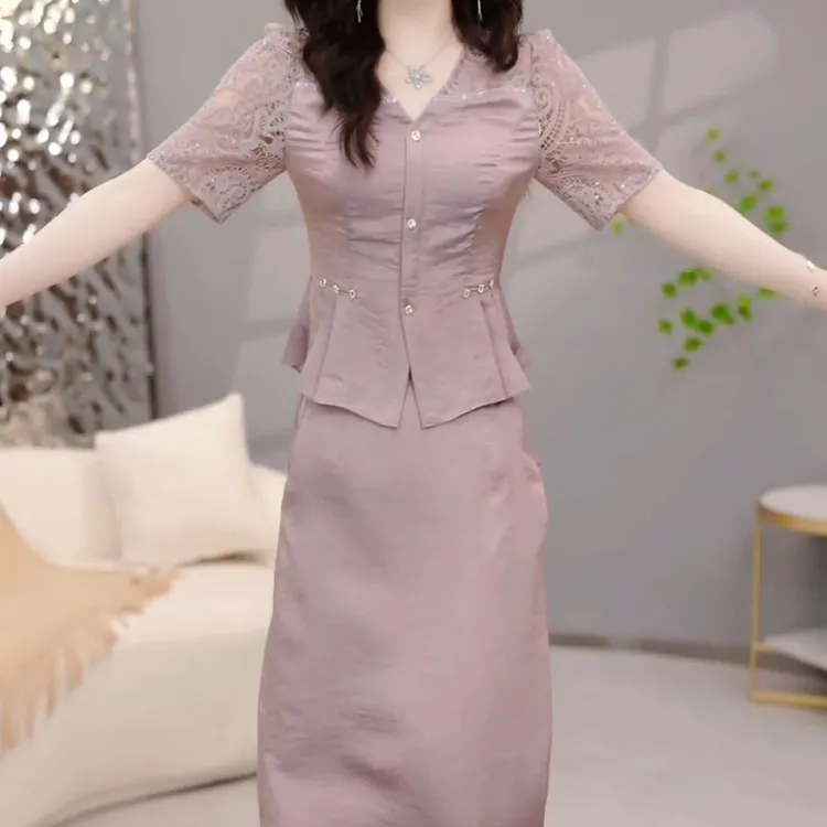 高档冰丝缎蕾丝礼服裙2025夏新款气质设计感上衣两件套装半身裙子