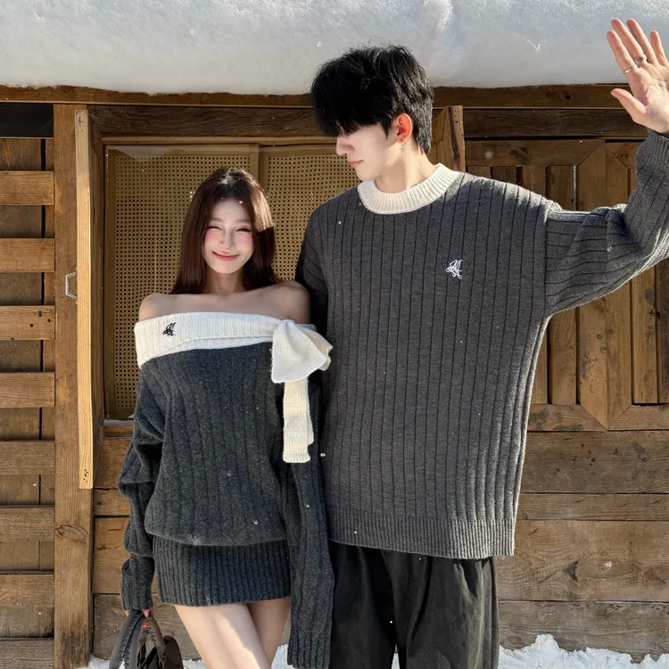 情侣装秋冬季网红MIU系一字领露肩毛衣针织衫连衣裙潮