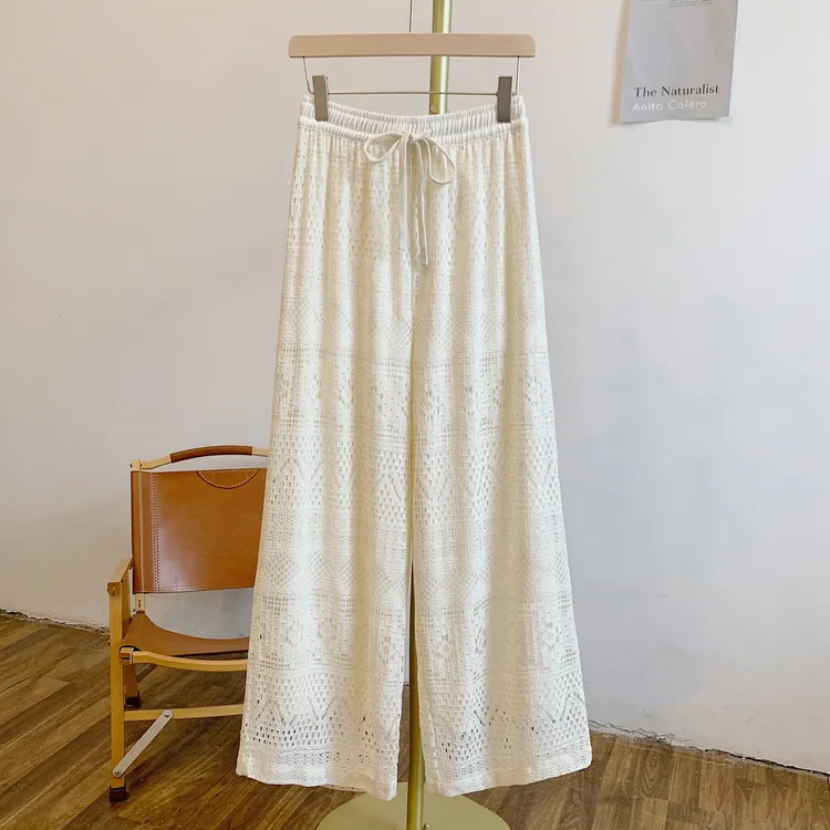 镂空蕾丝裤C4527镂空蕾丝松紧腰系带阔腿裤