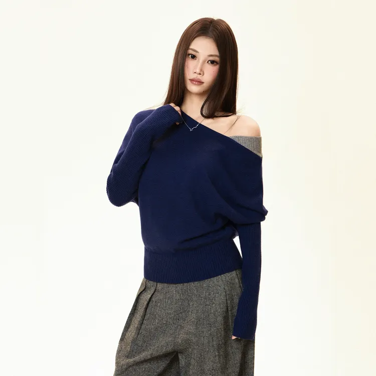 （小韩家）极简风慵懒风针织长袖女毛针织衫针织衫蓝色短款秋冬打底