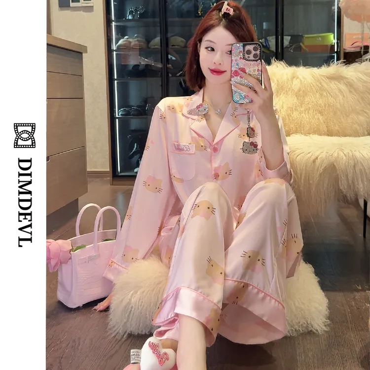 DIMDEVL/汀黛粉色黑皮KT水光缎长袖早秋甜美可爱可外穿家居服睡衣
