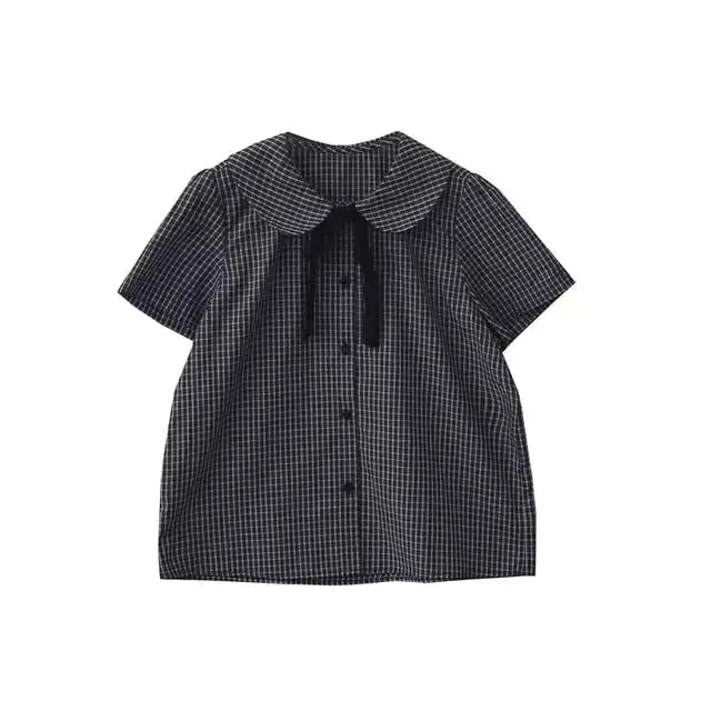 【全额运补】2025新款复古格纹学院风宽松短袖蝴蝶结格子衬衫上衣女