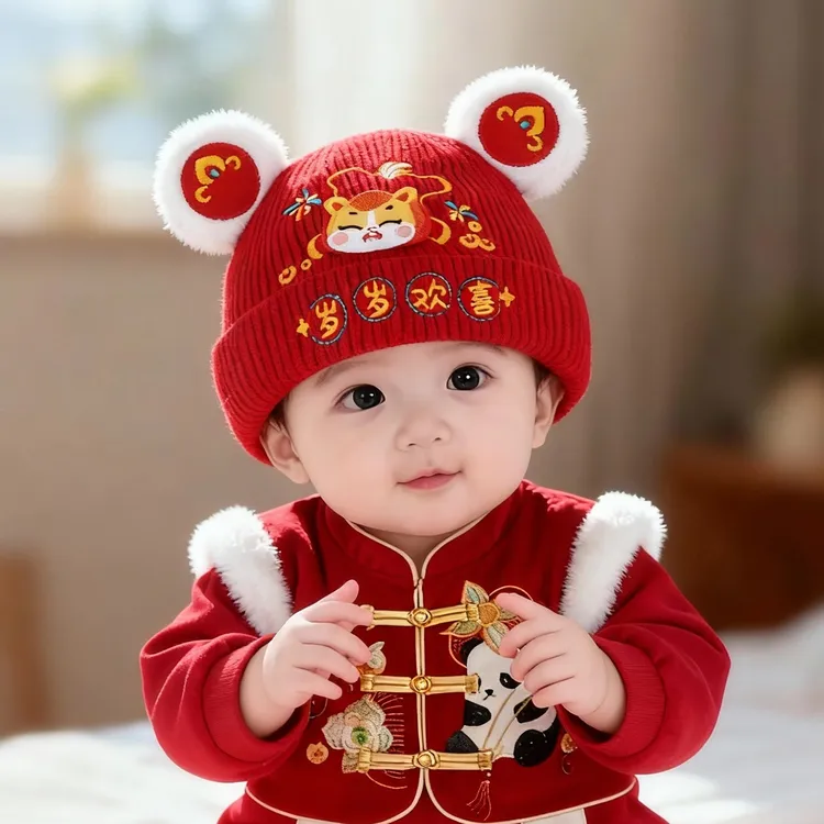 婴儿喜庆红色帽子秋冬季保暖加厚套头帽男女宝宝小月龄新年毛线帽