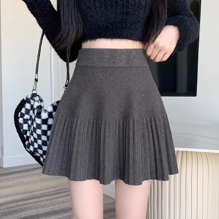 灰色高级感松紧腰百搭a字百褶裙女秋冬季高腰显瘦针织a字半身短裙