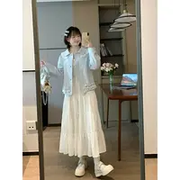 甜美风蓝色蕾丝拼接翻领夹克外套女秋季新款学院风百搭花边短上衣