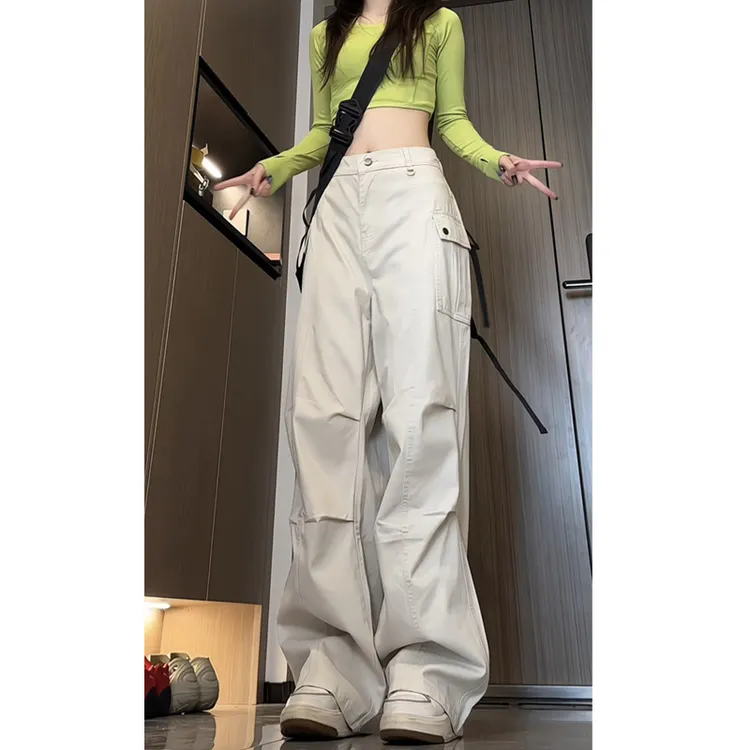 秋季新款美式高街褶皱工装裤女生潮流宽松直筒阔腿裤休闲长裤子男