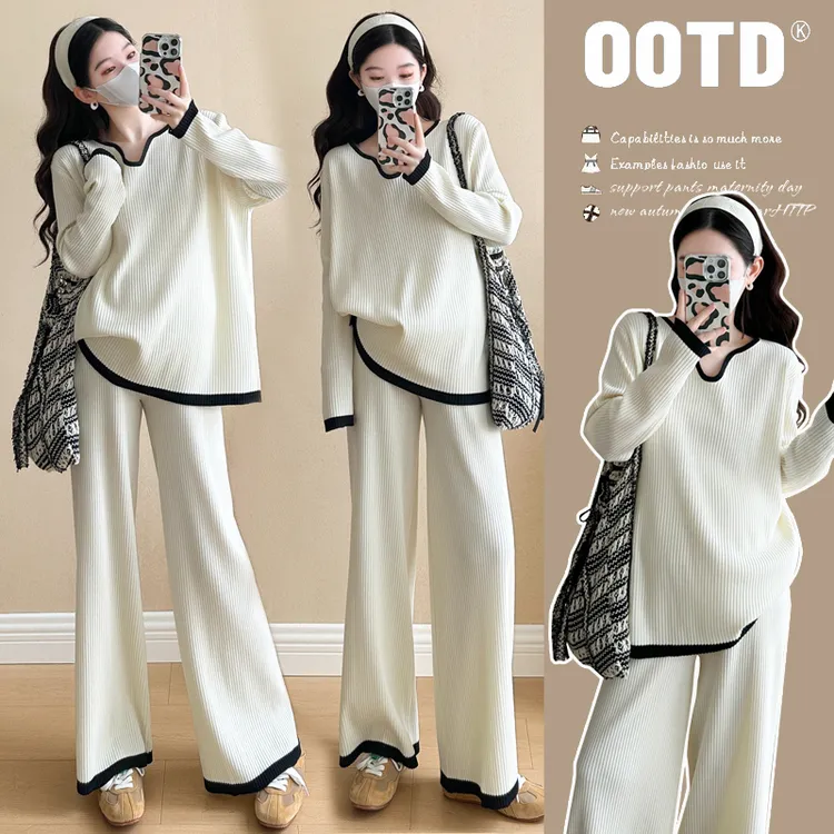 孕妇装2025新款春季套装撞色拼接针织慵懒气质时尚宽松春秋两件套