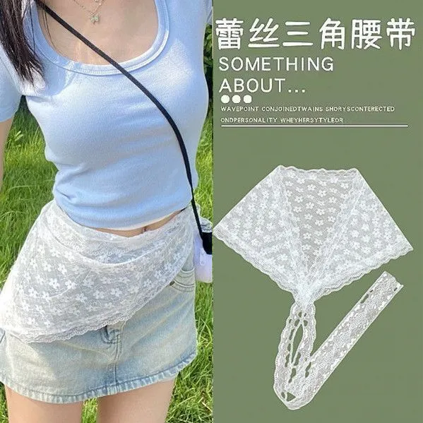 法式蕾丝三角巾叠穿田园风腰带裙帘甜美网纱腰巾屁帘两用头巾配饰