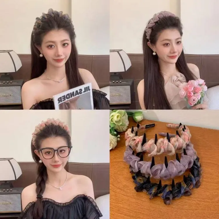 【炫彩渐变】超仙褶皱网纱波浪发箍女夏季带齿防滑高颅顶头箍