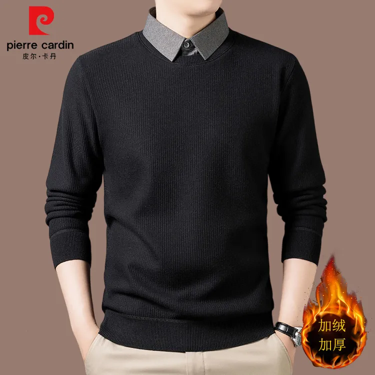 【皮尔卡丹国际大牌】高档加绒假两件衬衫男毛衣冬季针织打底衫长袖