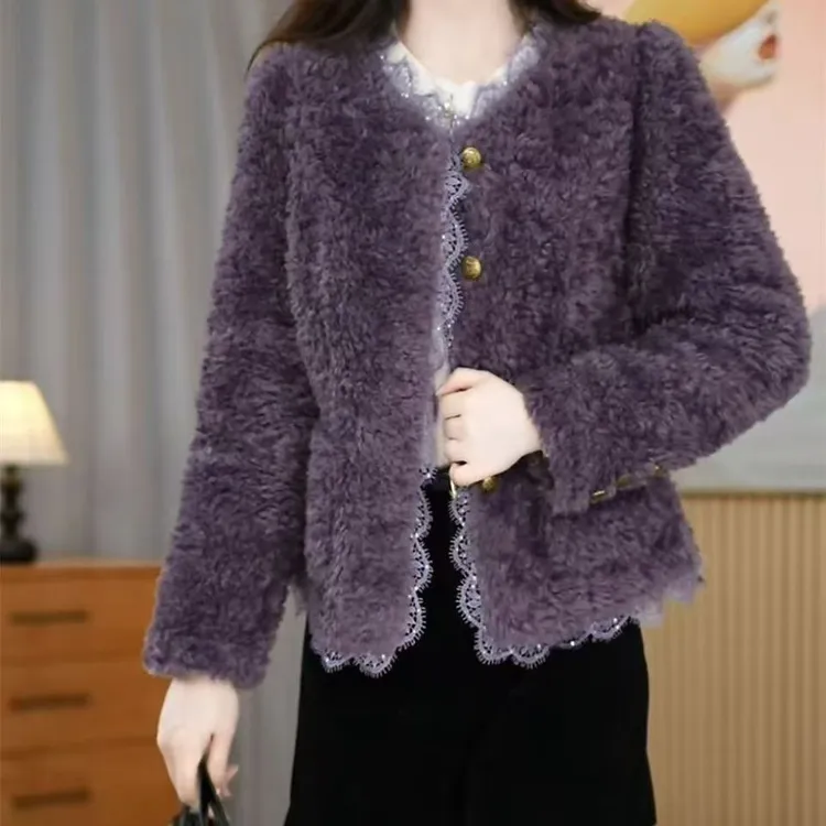 2025新款小香风毛呢外套皮毛一体秋冬时尚外套蕾丝花边显身材上衣