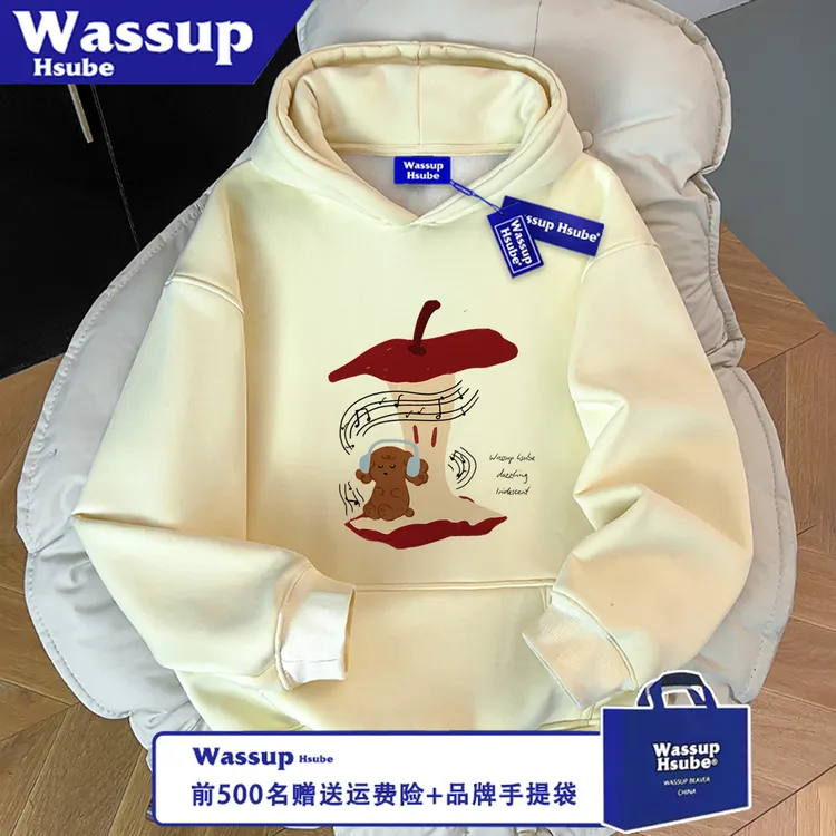WASSUP HSUBE潮流美式宽松苹果狗狗秋冬印花长袖百搭卫衣情侣上衣