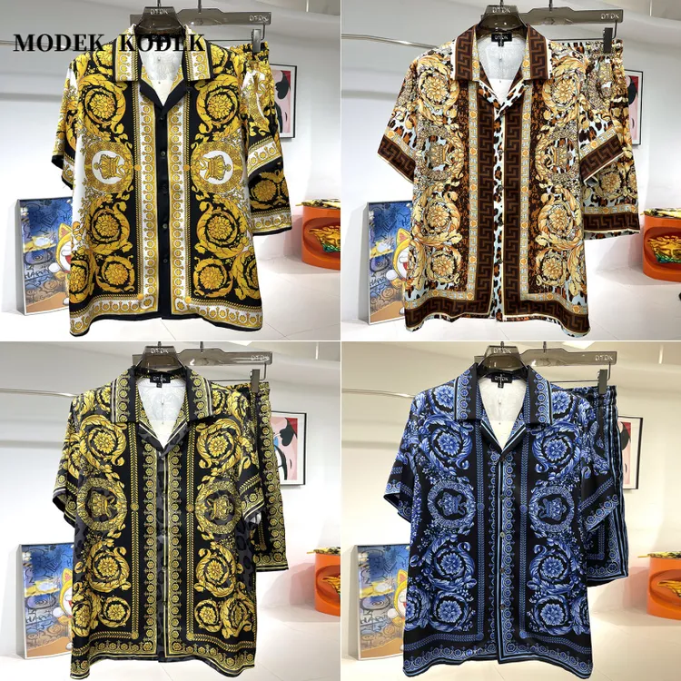 MODEK KODEK夏季薄款男士印花半袖时尚潮牌宽松直筒短裤睡衣套装