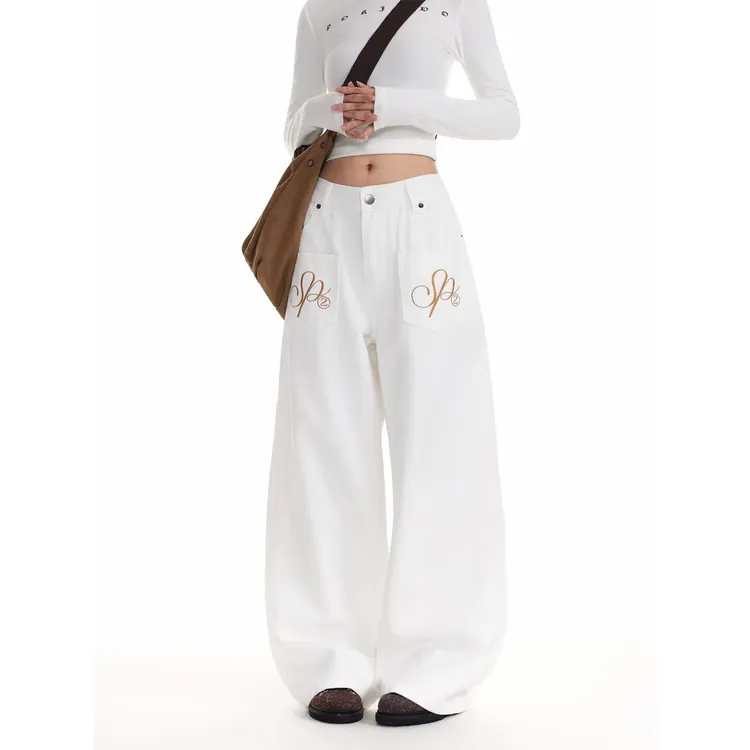 百搭ins新款字母翅膀刺绣水洗牛仔弯刀裤原宿慵懒简约流行潮流