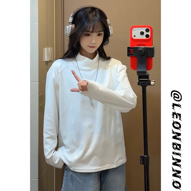 解构德绒半高领长袖t恤男秋冬季加绒加厚美式潮牌宽松内搭打底衫