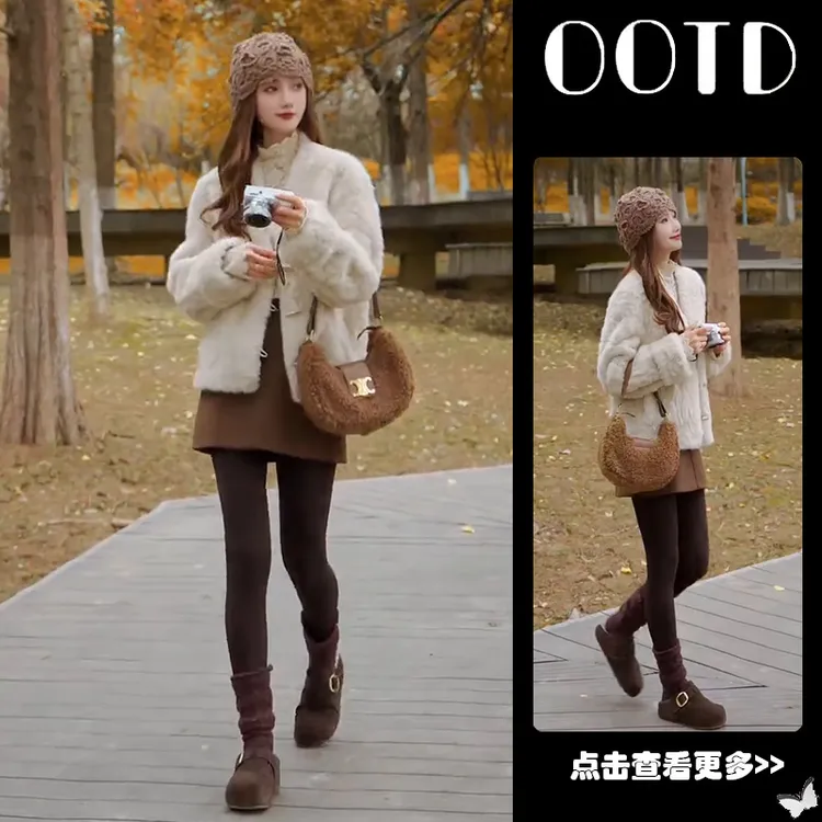 秋季流行穿搭一整套女2025新款宽松毛绒外套蕾丝衫百搭短裙三件套