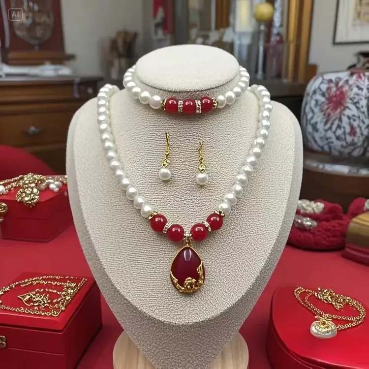 非金属仿珍珠吊坠 首饰三件套中式百搭吊坠手链耳环配饰