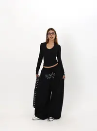 BLINGGIRLS 美式字母烫钻褶皱春秋设计感宽松阔腿休闲长裤运动裤