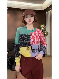zz · 设计感彩绘拼接撞色长袖圆领套头针织衫上衣女732