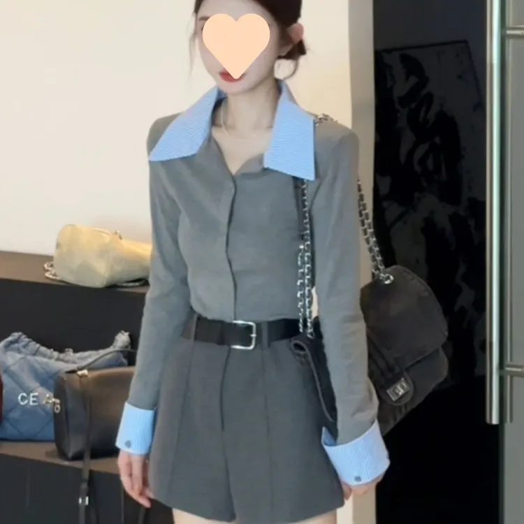 韩版短款撞色翻领长袖衬衫假两件春秋2025新款开衫修身显瘦上衣