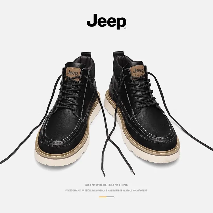 jeep吉普中帮马丁靴男2025新款春秋英伦风黑色工装靴高帮休闲男鞋