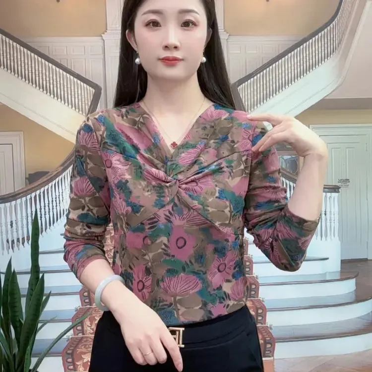 气质印花百搭V领长袖法式打底衫修身T恤常规洋气纱网女士上衣021