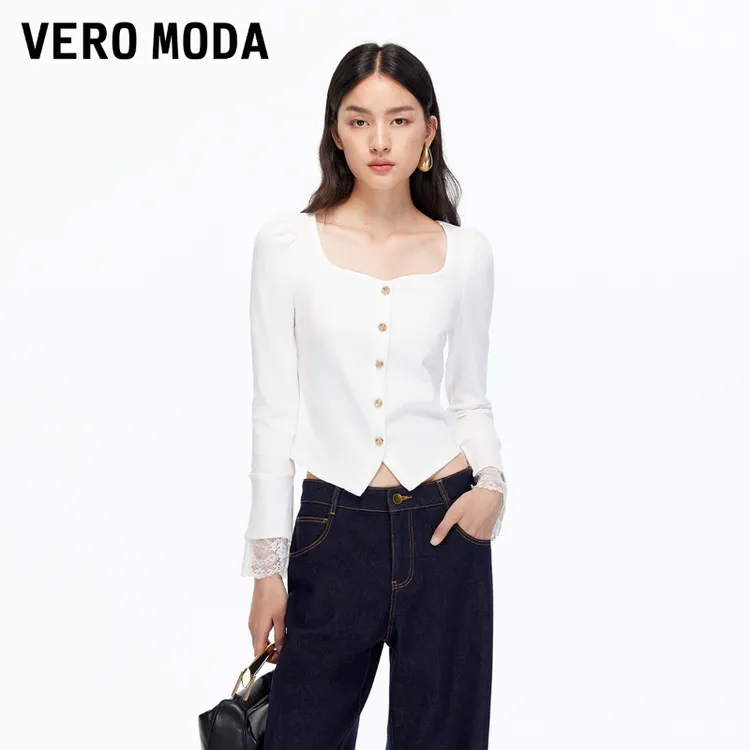 Vero ModaT恤【奶霜蕾丝】女26春金属色纽扣袖口蕾丝上衣326102021