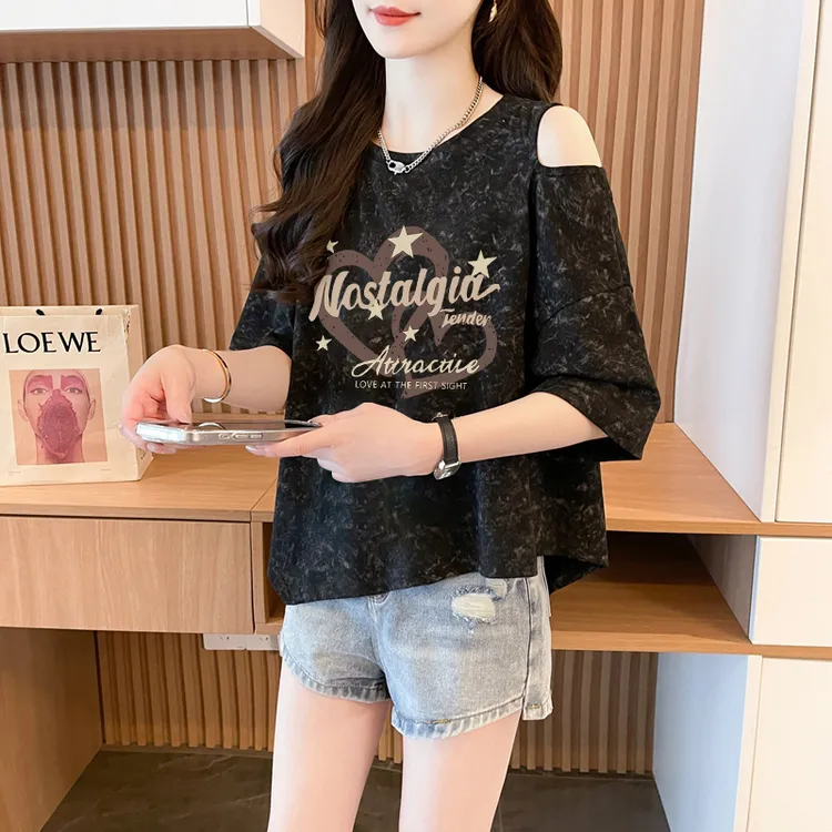 露肩卡通短袖T恤女2025夏季爆款韩版时尚宽松百搭扎染不规则上衣