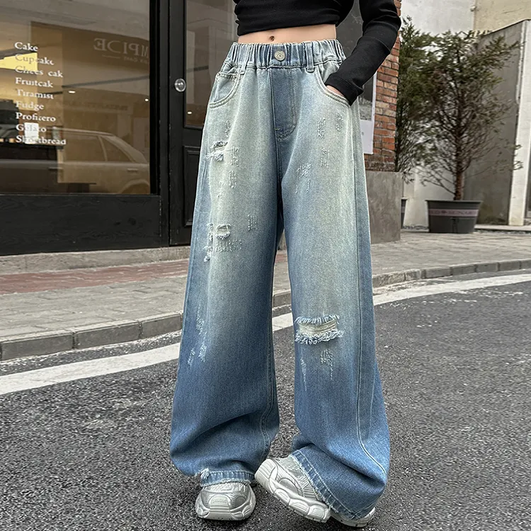 女童裤子春秋款小学生宽松春季牛仔裤大童破洞直筒春装儿童阔腿裤