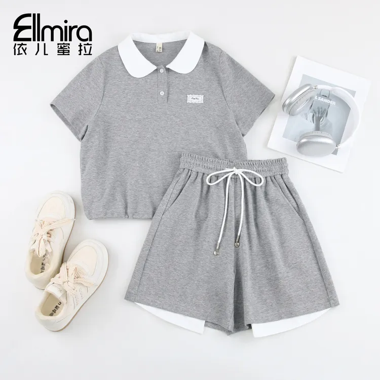 9113女童运动套装夏季儿童polo衫两件套灰色2025新款女大童洋气潮