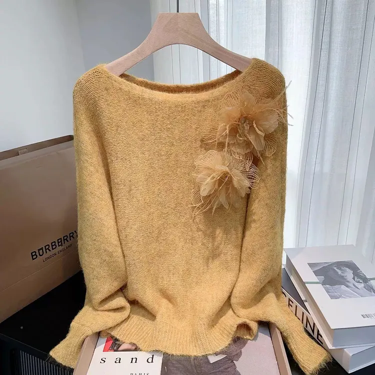 （浠儿姐姐）黄色气质斜肩立体花朵宽松慵懒百搭气质姐姐显瘦针织衫