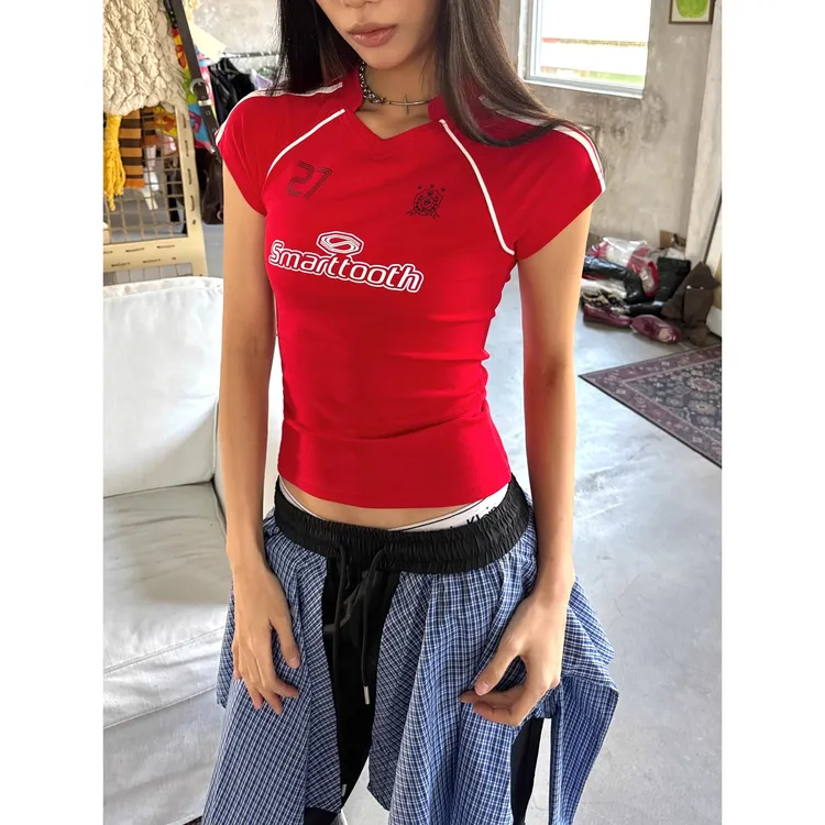 辣妹欧美复古红色足球宝贝球衣短袖紧身短款露脐t恤打底衫女夏季