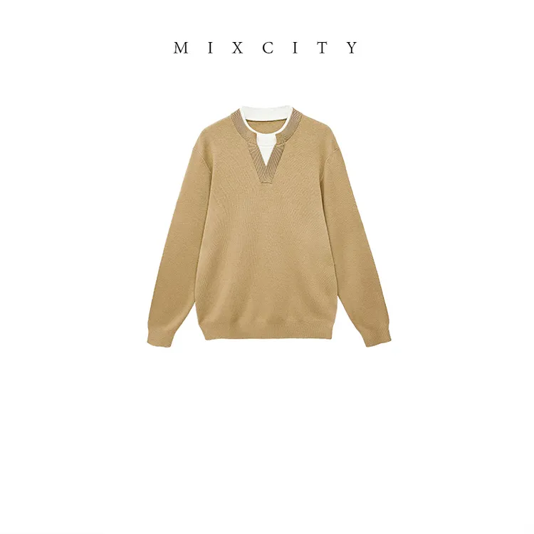 【MIXCITY亚楠家】暖冬衫◆男士假两件蚕丝羊绒加厚打底针织衫8808