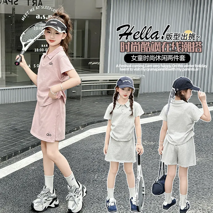 女童亲子少女风薄款休闲夏季时尚套装韩版洋气夏装中大童翻领套装