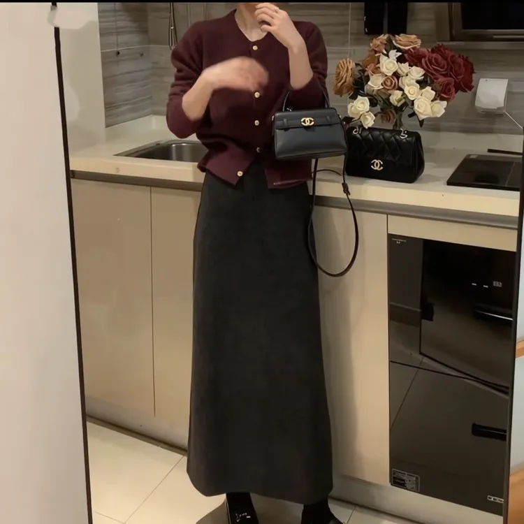 秋冬新款糯米羊绒加绒加厚直筒半身裙百搭后开叉显瘦高腰时尚2601