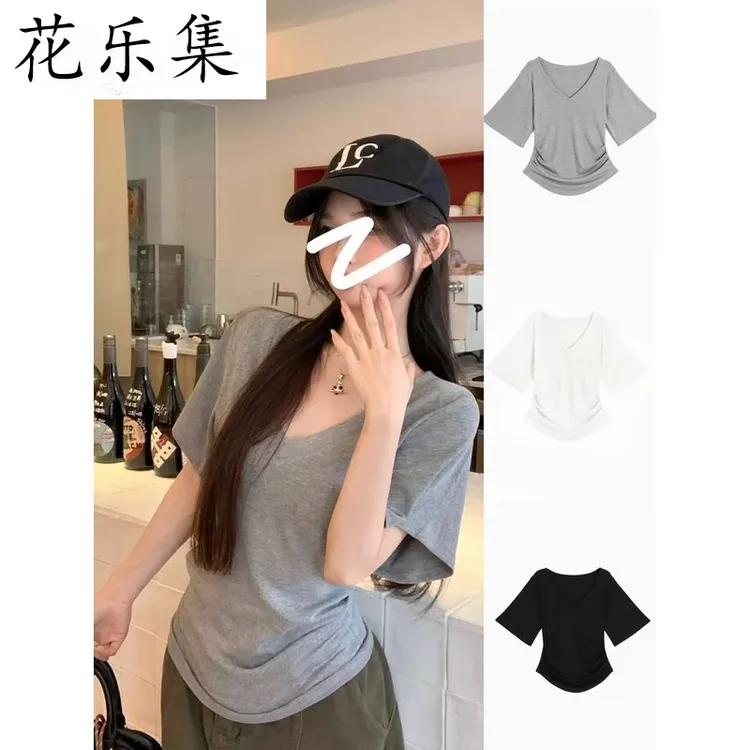 花乐集夏季休闲显瘦气质韩版设计感修身显瘦领短袖恤纯色简约百搭