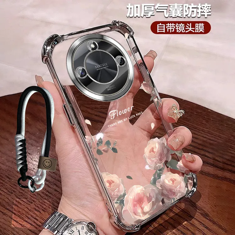 适用荣耀X60手机壳女款硅胶玫瑰X60pro四角防摔透明X60i带镜头膜