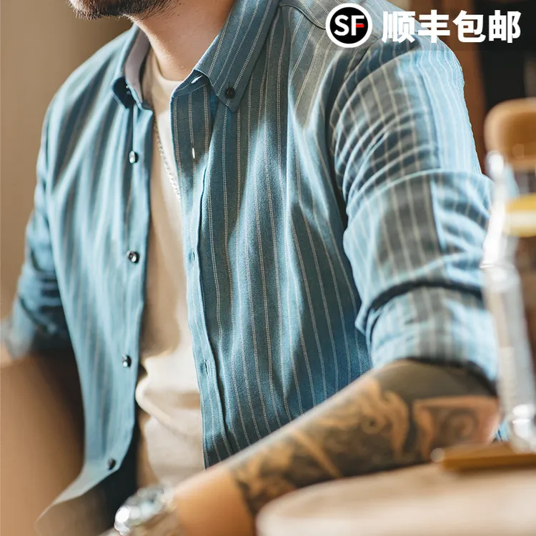 马登工装美式复古磨毛蓝色竖条纹衬衫商务休闲长袖免烫衬衣男寸秋