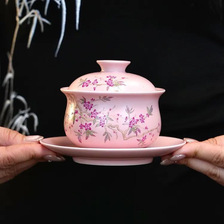 YP92-粉汝窑桃花三才盖碗女士陶瓷轻奢泡茶碗可悬停精致手工粉色