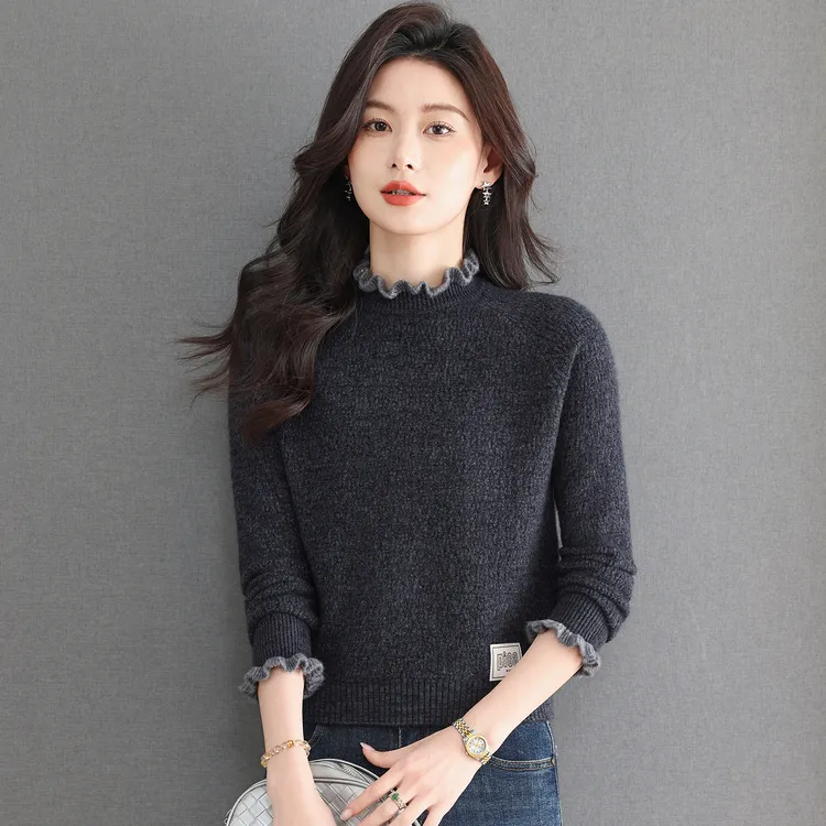 哥弟阿玛施正小个子短款半高木耳领羊毛衫女装秋冬毛衣打底针织衫