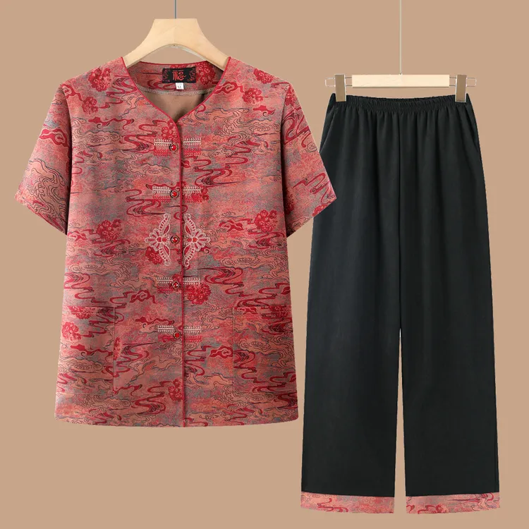 奶奶夏装套装中老年人短袖衬衫宽松上衣2025年夏季两件套薄款衬衣