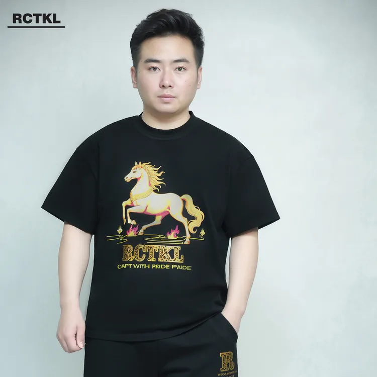 RCTKL夏季圆领男士t恤短袖高档直喷印花战马图案宽松版短袖男t恤.