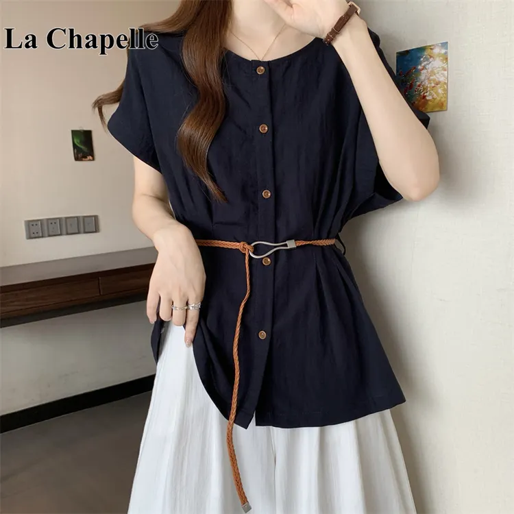 拉夏贝尔高级正肩短袖衬衫女2025夏季新款大码胖mm娃娃衫收腰上衣