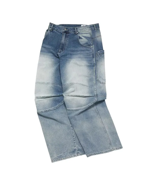 DMC CREATE立体廓形褶皱弯刀牛仔裤水洗做旧直筒Baggy百搭阔腿裤