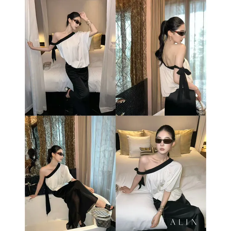 ALIN 【墨白萦】天丝斜肩不对称上衣女撞色露肩一字肩T恤夏AL6NST15