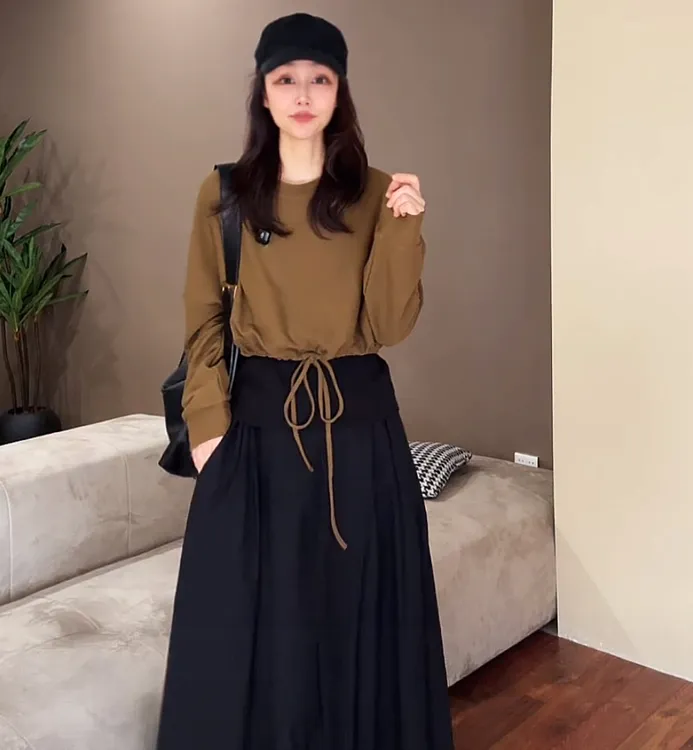 高腰短款收腰长袖卫衣设计感小众抽绳显瘦时尚圆领休闲上衣-24302